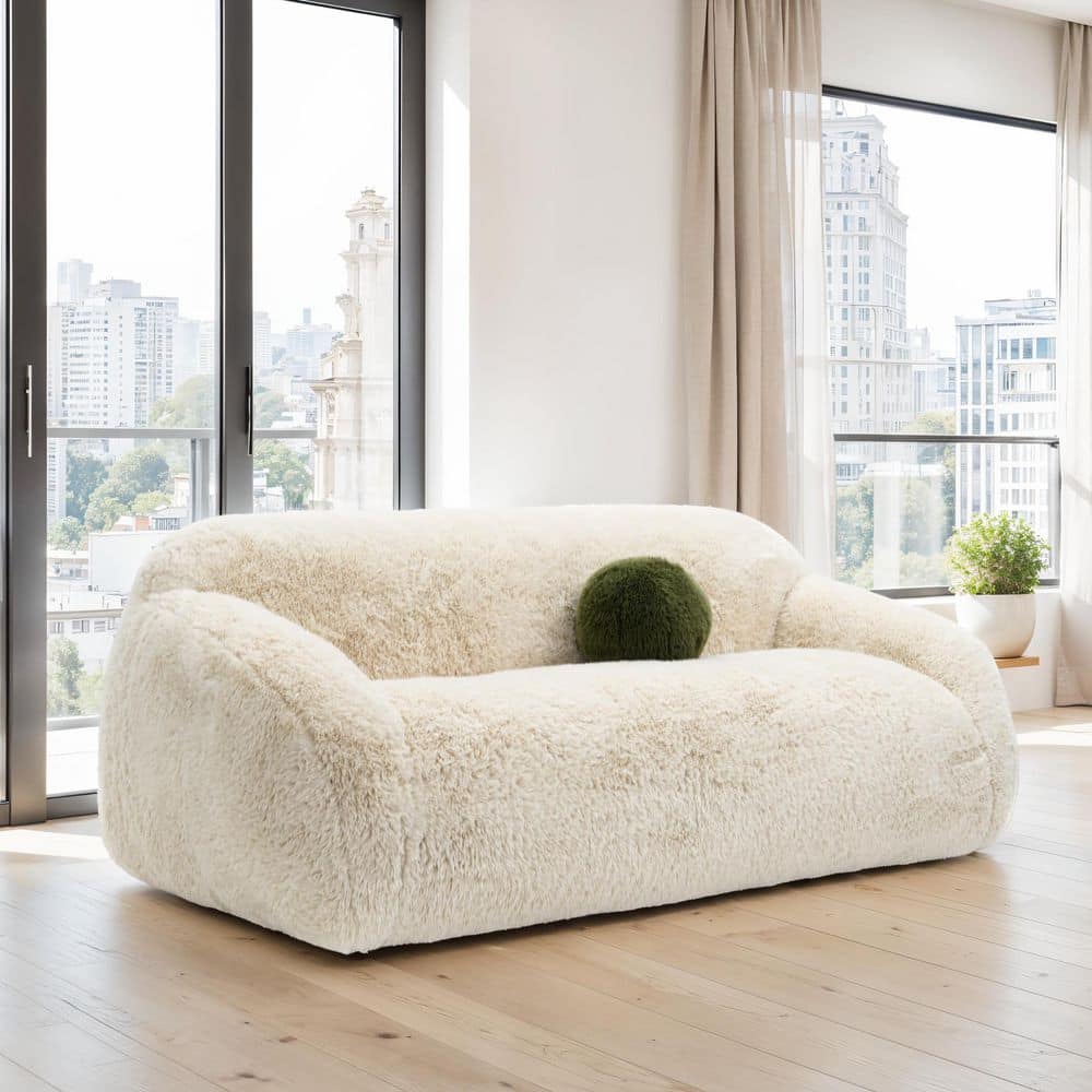Sylvan 84.3 in. Modern Slope Arm Faux Fur Fabric Rectangle Sofa With Pocket Coil Springs in Sand