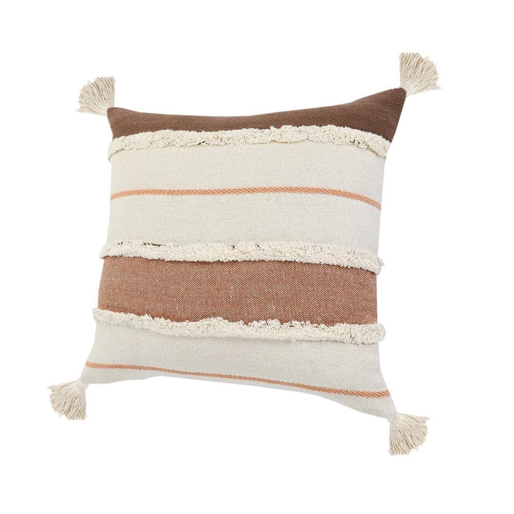 Quarry Brown and White Striped Tufted Square Throw Pillow