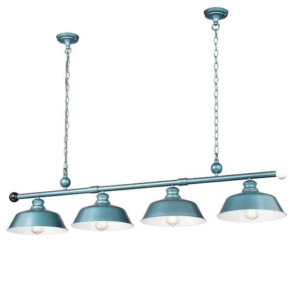 JAZAVA Industrial 4-Light Blue-Green Rustic Linear Chandelier for Kitchen Island with No Bulbs Included