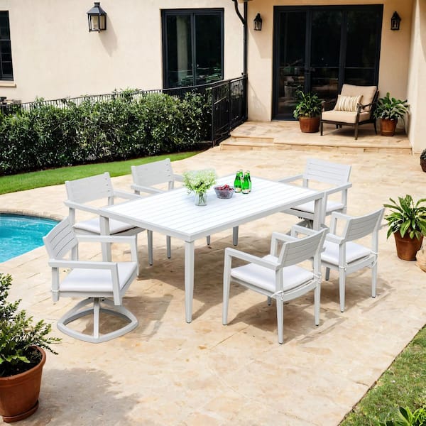 Unbranded 7-Piece Aluminum Outdoor Dining Table Set, Dining Chairs (4) And Swivel Rocking Chairs (2) with Sunbrella White Cushions