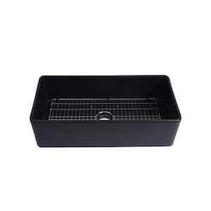Modern Black Fireclay 33 in. Single Bowl Farmhouse Apron Workstation Kitchen Sink with Bottom Grid and Drain