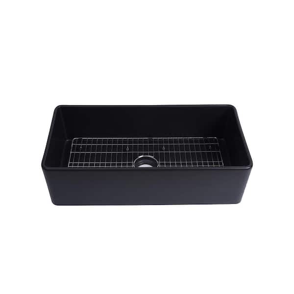 Unbranded Modern Black Fireclay 33 in. Single Bowl Farmhouse Apron Workstation Kitchen Sink with Bottom Grid and Drain