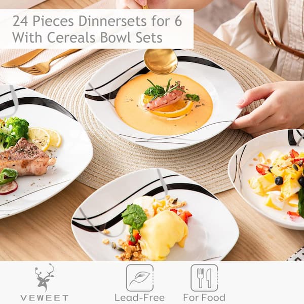 VEWEET 24-Piece White Porcelain Dinnerware Set (Service for