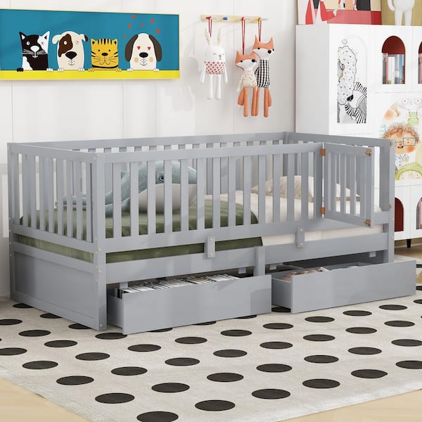 Gray Twin Daybed with Fence Guardrails and 2 Drawers