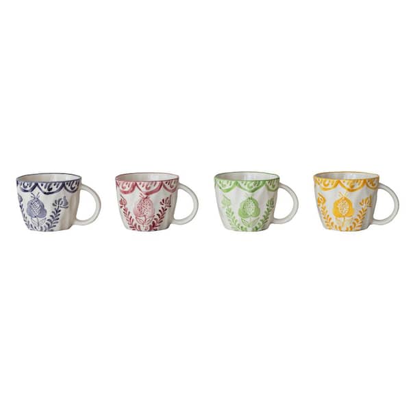 12 oz. Multi-Colored Hand-Painted Stoneware Organic Shaped Beverage Mugs (Set of 4)