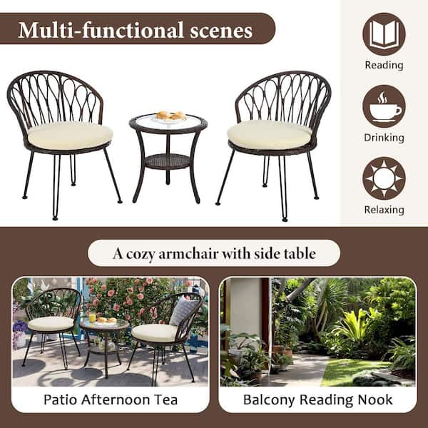 3-Piece Wicker Outdoor Bistro Set with a Glass Table and 2 Single Chairs in Brown with Beige Cushions for Garden