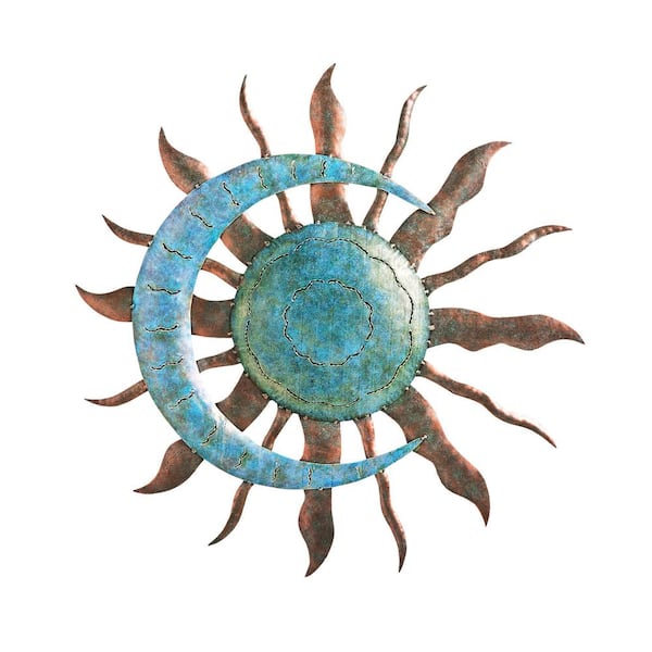 Evergreen Enterprises Handcrafted Blue and Copper-Colored Recycled Metal Moon and Sun Wall Art