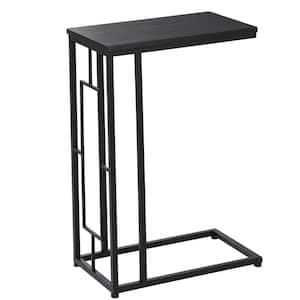 19 in. Dark Brown C-Shaped Large Rectangle Wood End Table with Black Metal Base