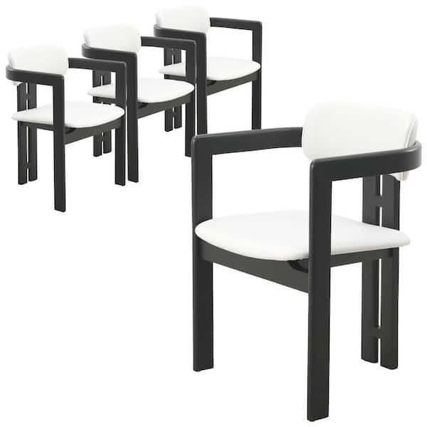 Leisuremod Upholstered Dining Chair in Leather with Oopen Back and Wood Legs Set of 4 Velo Collection (Black/Off White)