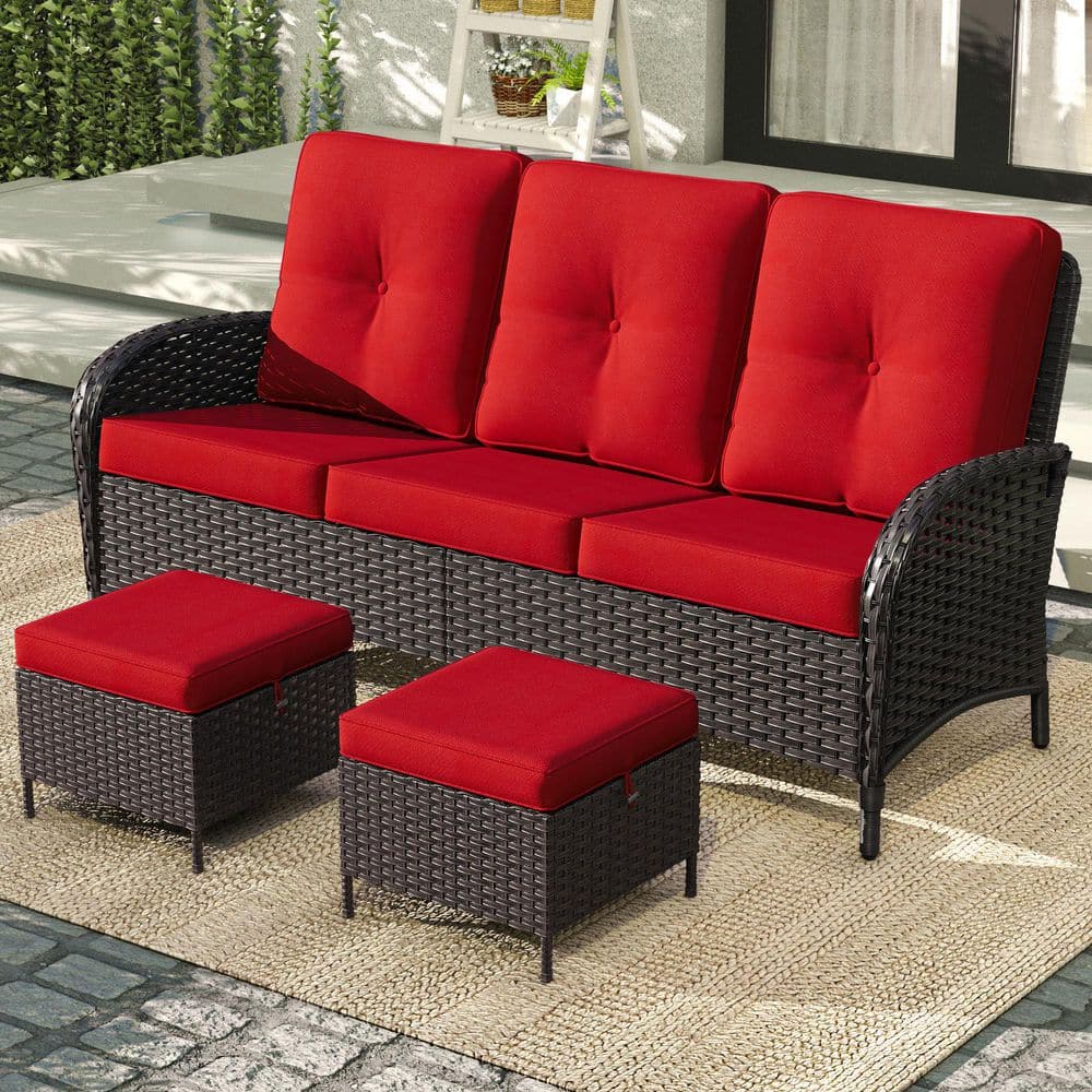 3-Piece Sofa Set Couch Patio PE Wicker 3-Seat Outdoor Furniture with Removable Ottomans Red price history on PriceWatchPro