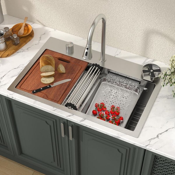 LORDEAR 31 in. x 20 in. Drop-In 16-Gauge Stainless Steel Single Bowl Workstation Kitchen Sink with Faucet and Accessories