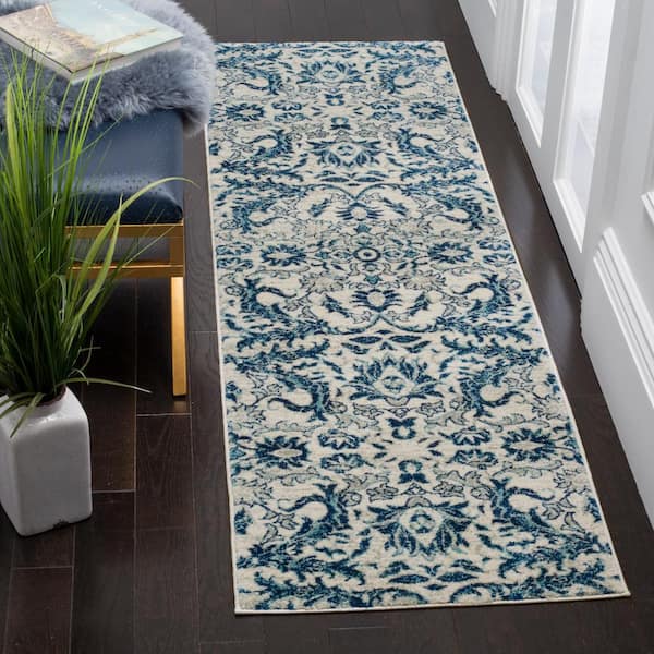 Evoke Ivory/Blue 2 ft. x 11 ft. Floral Runner Rug