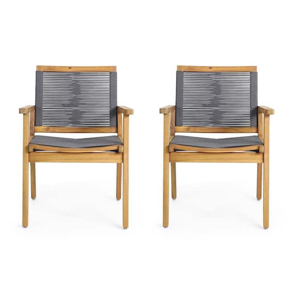 Unbranded Transitional Style Acacia Wood Outdoor Dining Chair in Dark Gray with Rope Weave Design for Indoor/Outdoor Use Set of 2