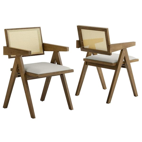 Thera Wood Dining Armchairs with Faux Leather Seat Set of 2 in Weathered Oak Stone-Mid-Century Modern Dining Chairs