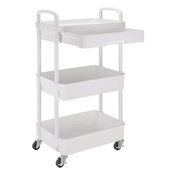 Angel Sar 3-Tier Rolling Utility Serving Cart in White with Drawer, Plastic Shelf and Metal Wheels