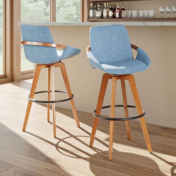 Cosmo 29 in. Blue Noise Fabric, Walnut Bamboo, and Black Metal Fixed-Height Bar Stool