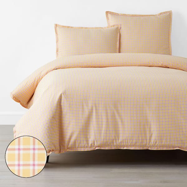 The Company Store Company Cotton Sunshine and Blooms Coral/Orange Plaid Full/Queen Cotton Percale Duvet Cover