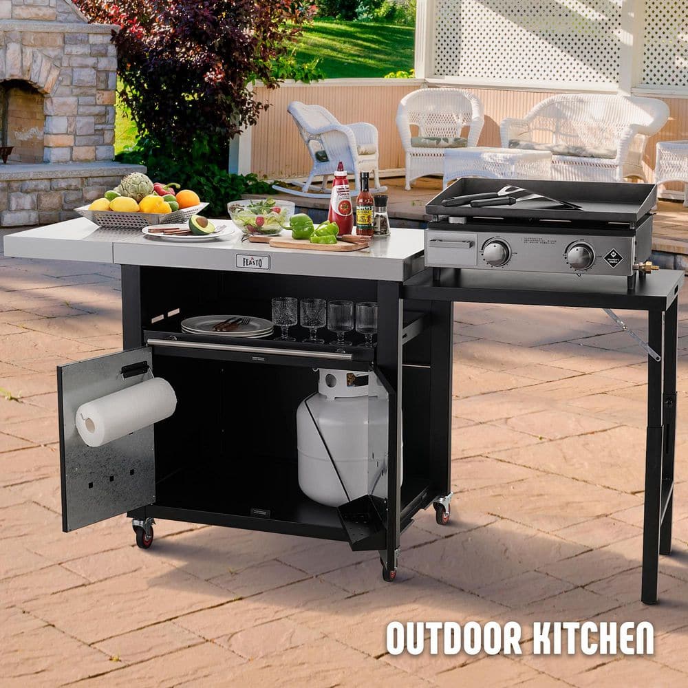 Black Stainless Steel Outdoor Kitchen Cart with Foldable Side Tables