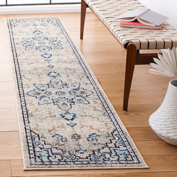 Madison Ivory/Light Blue 2 ft. x 14 ft. Border Geometric Floral Medallion Runner Rug