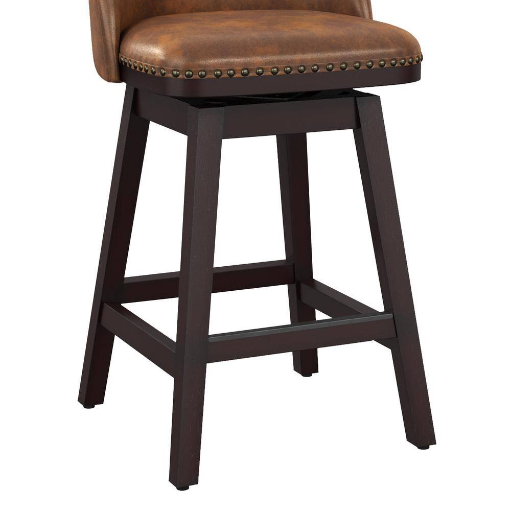 Whiskey Brown Faux Leather Swivel Counter Stools with Wood Legs, Set of 4