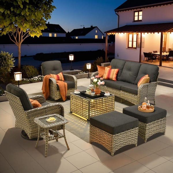 Beverly Gray 7-Piece Wicker Patio Conversation Sofa Swivel Chairs Set with Ottomans and Black Cushions