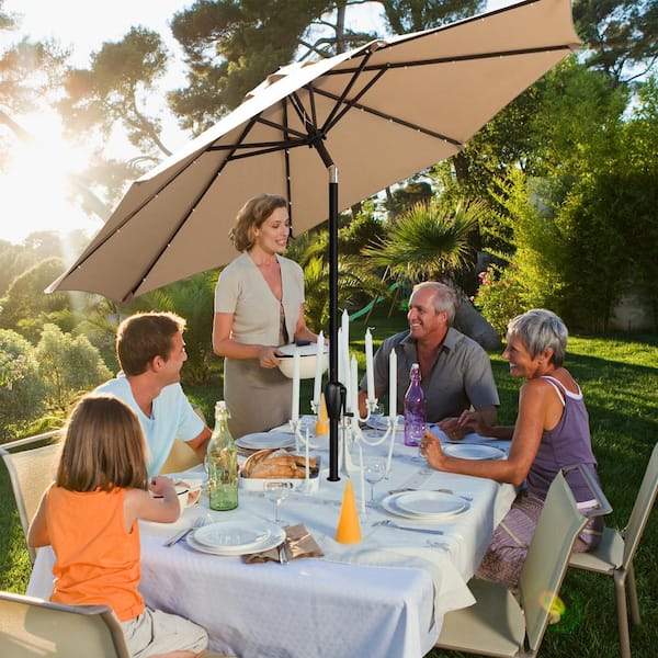 5-6 foot patio umbrella with base Sonkuki 10 ft. x 6.5 ft. Rectangle Solar LED Outdoor Patio Market Table Umbrella with Push Button Tilt and Crank in Gray