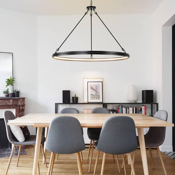 Baltray 1-Light 38.1 in. Modern Black Round Integrated LED Light Large Wagon Wheel Chandelier