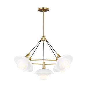 Rossie 5-Light Burnished Brass Modern Hanging Wagon Wheel Chandelier with White Glass Shades