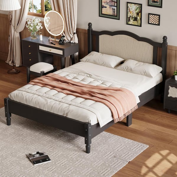 Harper & Bright Designs Black Wood Frame Full Size Vintage Platform Bed with Natural Rattan Headboard