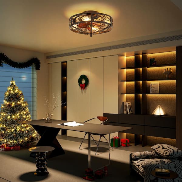 19.6 in. Indoor Black 4-Light Wood Modern Industrial Metal Flush Mount Cage Ceiling Fan with Light Fixture with Remote