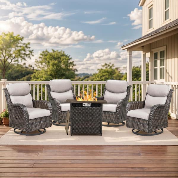 moosprr LunaCurve 5-Piece Brown Wicker Fire Pit Conversation Set with 5 in. Beige Cushions and Swivel Glider Rocking Chairs