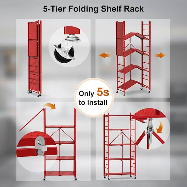 Hooure 5-Tier Collapsible Storage Shelves Folding Pantry Shelves