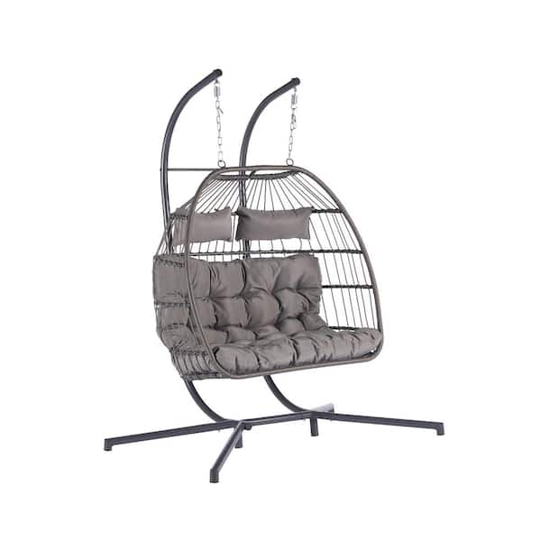Cesicia 60.1 in. W 2-Person PE Rattan Wicker Patio Swing Hanging Chair Egg Chair with Light Gray Cushions