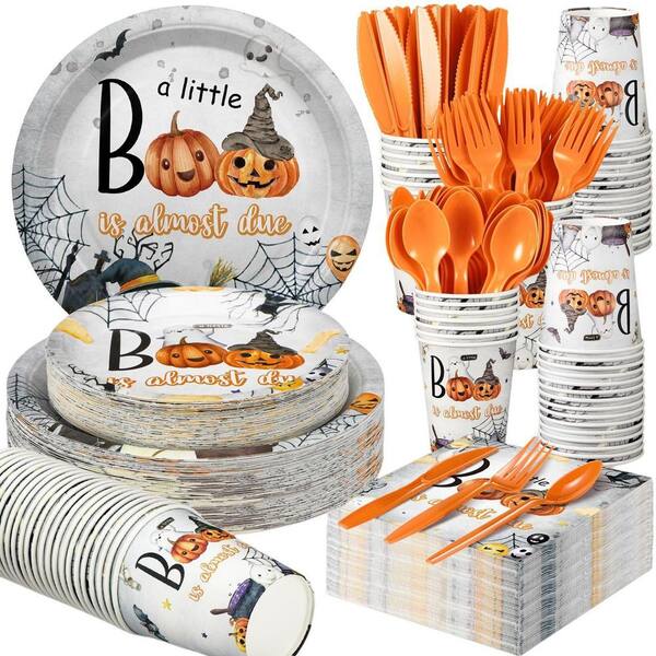 350-Piece Halloween Boo Disposable Tableware Party Supplies with Paper Plates, Cups, Napkins and Orange Cutlery