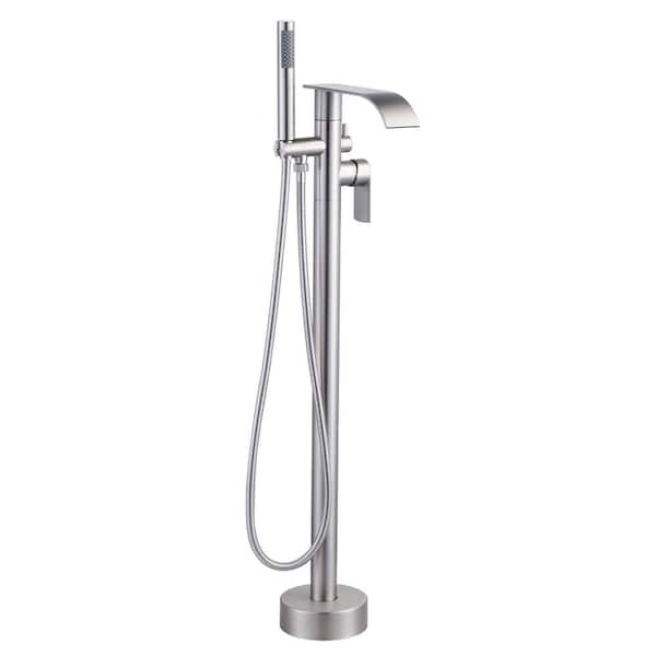 Single-Handle Freestanding Tub Faucet with Hand Shower, Waterfall Floor Mount Bathtub Filler in. Brushed Nickel