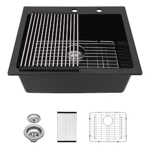 25 in. Drop-In Single Bowl Matte Black Quartz Composite Kitchen Sink with Bottom Grids and Strainer