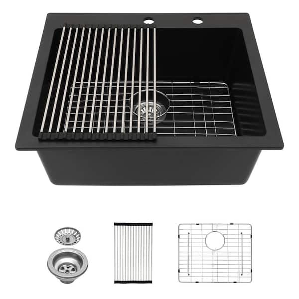 LORDEAR 25 in. Drop-In Single Bowl Matte Black Quartz Composite Kitchen Sink with Bottom Grids and Strainer