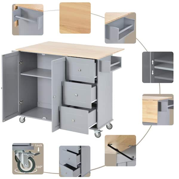 Gray Blue Rolling Mobile Kitchen Island with Solid Wood Top and Lockin