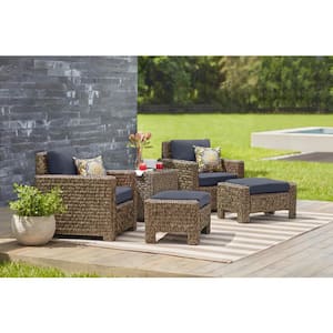 Laguna Point Brown Wicker Outdoor Patio Ottoman with CushionGuard Sky Blue Cushions (2-Pack)