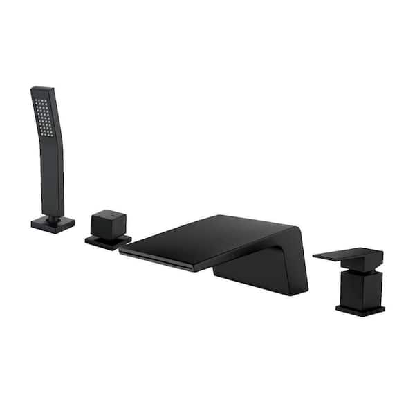 Single-Handle Tub Deck Mount Roman Tub Faucet with Hand Shower and Water Suply Hose in Black