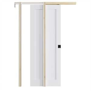 28 in. x 80 in. White Blank Primed Door Slab Wood Pocket Door Frame and Hardware (Soft Close and Black Lock Included)