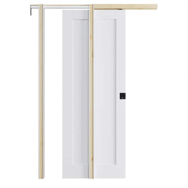 28 in. x 80 in. Paneled Blank White Primed MDF Pocket Door with Pocket Hardware Kit (Soft Close and Black Lock Included)