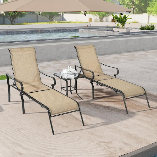 Unbranded 3-Piece Outdoor Metal Chaise Lounge with 5 Adjustable Backrest, Sturdy Steel Frame, for Balcony, Pool Chairs, Brown
