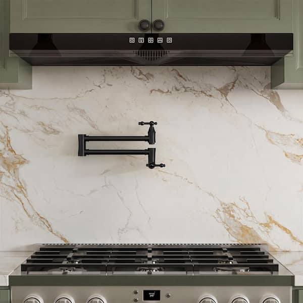 26 in. Wall Mount Double Handle Kitchen Pot Filler Faucet with 360° Swivel Arm in Matte Black