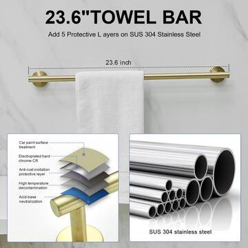 5-Piece Bath Hardware with Towel Bar Towel Hook Toilet Paper Holder and Towel Ring Set in Brushed Gold