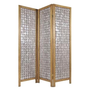 Brown and Silver 3-Panel Wooden Screen with Pearl Motif Accent