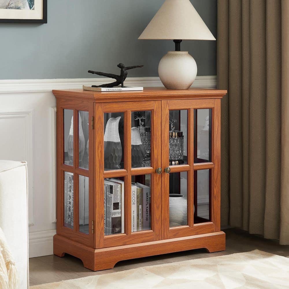 Oak 32.09 in. H LED Curio Display Cabinet with Lattice Doors