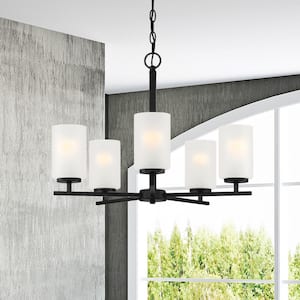 Carmine 5-Light Contemporary Matte Black Chandelier with Etched Glass Shades For Dining Rooms