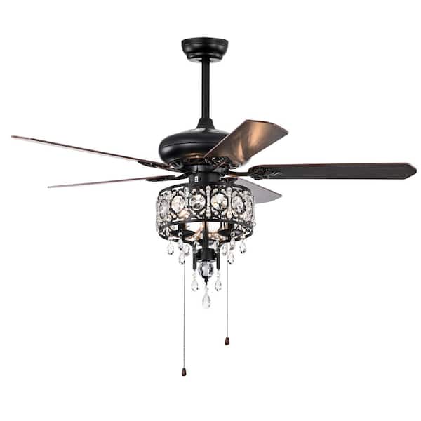 Jushua 52 in. Indoor Black Crystal Shade Ceiling Fan Lamp with Remote Control, 3-Speed, 5 Reversible Blades (No Include Bulb)
