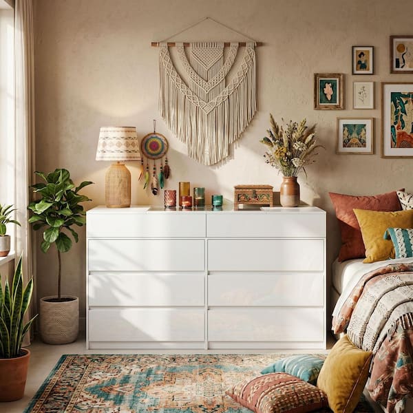 White12-Drawers 63 in. Width Large Bedroom Dresser, Chest of Drawers with Glass Top, Openable Top Storage and 12 Drawers